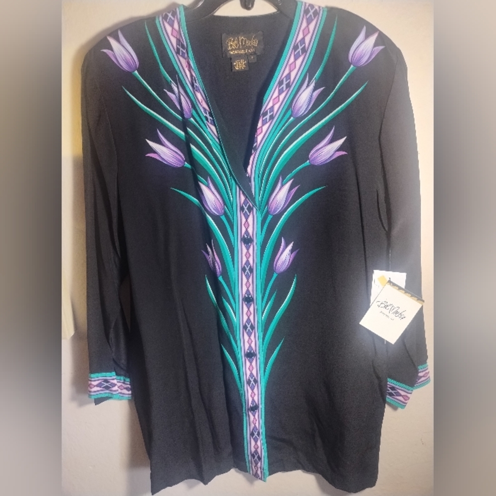 New Vintage Bob Mackie Top Silk Flower Artsy Art To Wear Tunic Comfy Fit